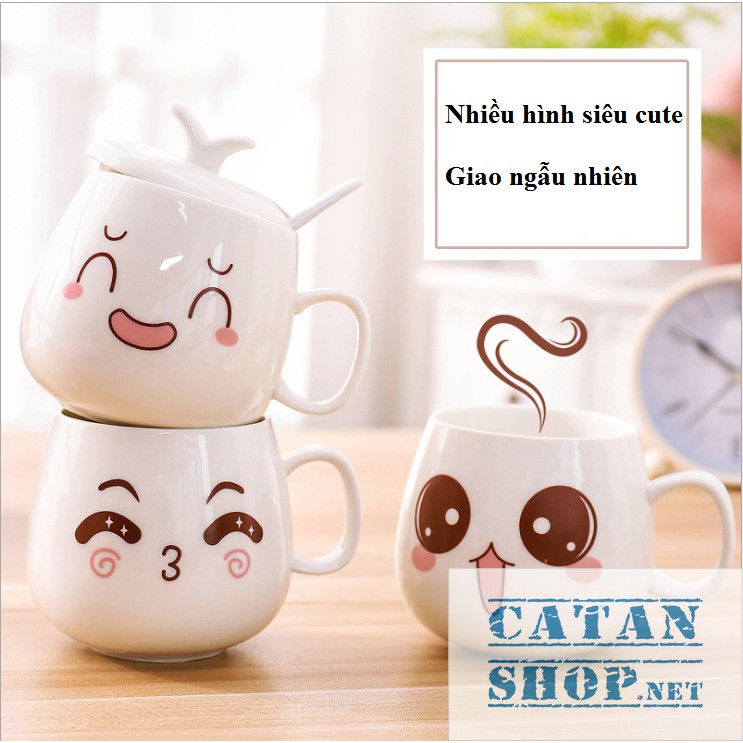 01 Ly cốc sứ có nắp (kèm muỗng)  hình biểu cảm siêu cute (giao mẫu ngẫu nhiên) HK062