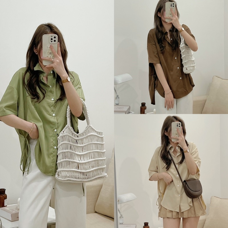 [Ảnh thật/Video]Áo sơ mi hai vạt buộc hông xinh xắn Áo sơ mi dây nơ hàng Quảng Châu