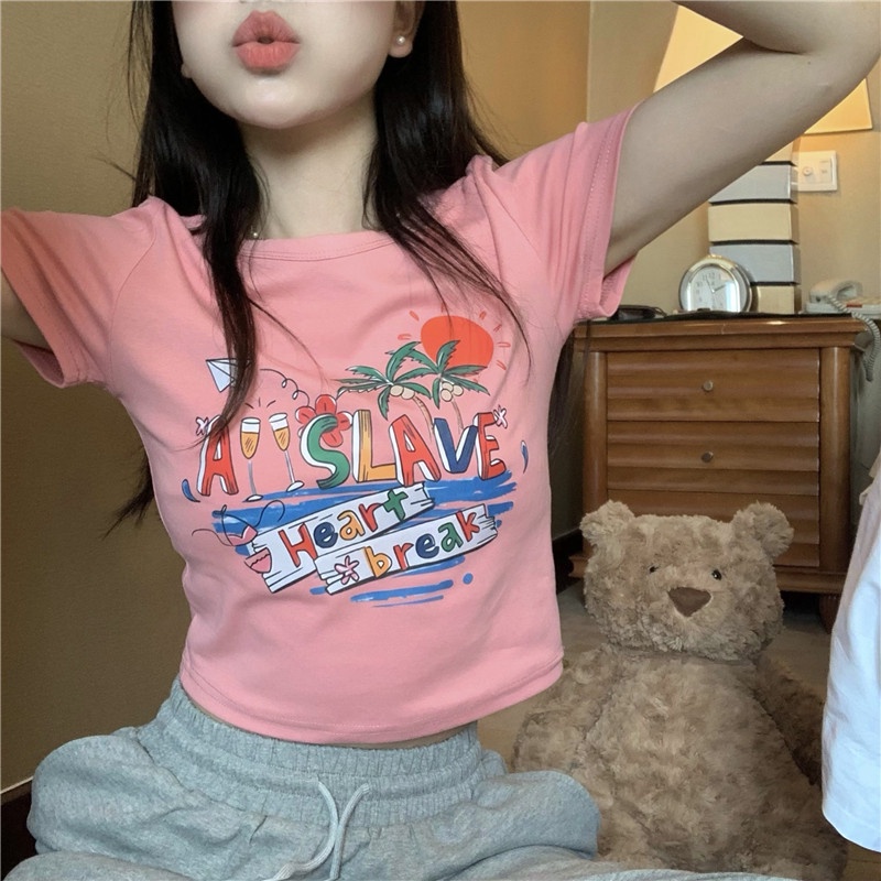 Áo Thun Tay Ngắn Cổ Tròn Dáng Ôm Dễ Thương Thời Trang Mùa Hè Cho Nữ