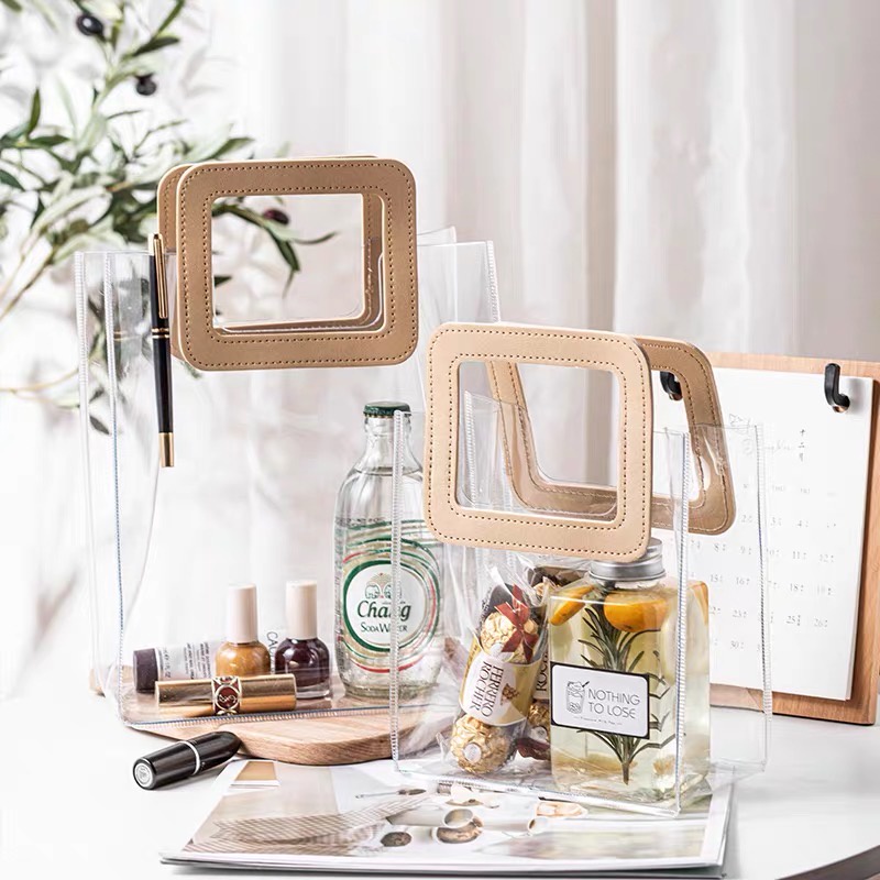 [Quai Nâu - Nhựa Siêu Dày] Túi Nhựa Trong Suốt Dé Store Có Quai Cầm Bằng Da Phong Cách Hàn Quốc