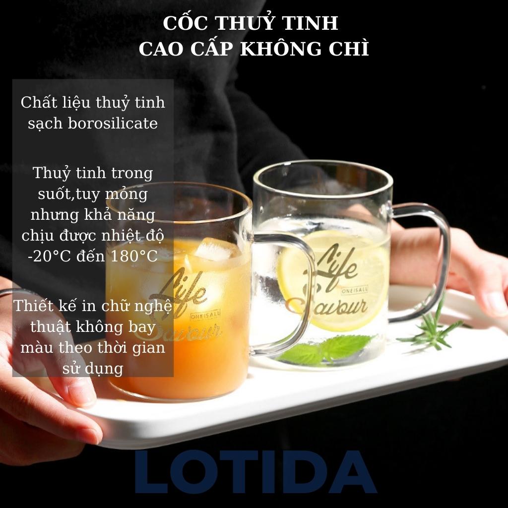 Ly thuỷ tinh có quai chịu nhiệt uống nước mỏng nhẹ sang trọng, Cốc uống nước dung tích 400ml dễ thương Lotida