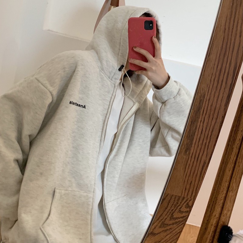 Áo Khoác cardigan Có Mũ Trùm Dáng Rộng Dài Vừa Phải Bằng Vải Lông Cừu Màu Xám Phong Cách retro Mỹ Mới Dành Cho Bạn Nữ