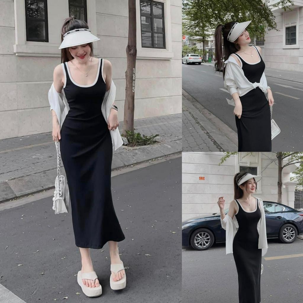 Đầm váy nữ body 2 dây phối áo khoác ngoài với tone trắng đen basic đơn giản, xinh xắn dành cho các nàng