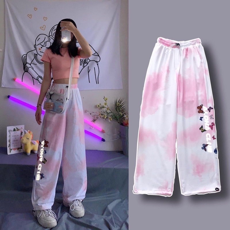 Set Bộ Quần LongPant TIEDYE Loang Màu Phản Quang-Croptop Body Trơn