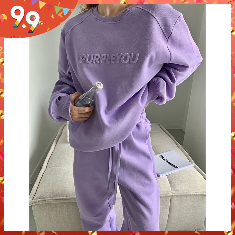 High-end purple casual fashion sportswear thickened sweater trousers two-piece set autumn and winter 2021 new women
