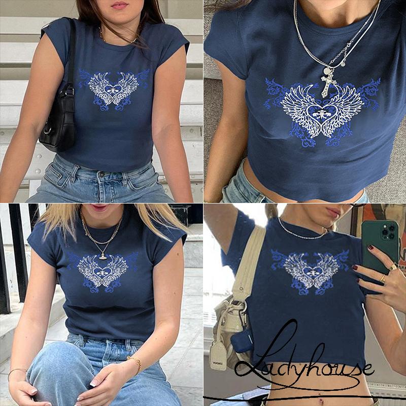 Áo Thun Ngắn Tay Cổ Tròn In Hình Đôi Cánh Thiên Thần Và Trái Tim Thời Trang Mùa Hè Cho Nữ
