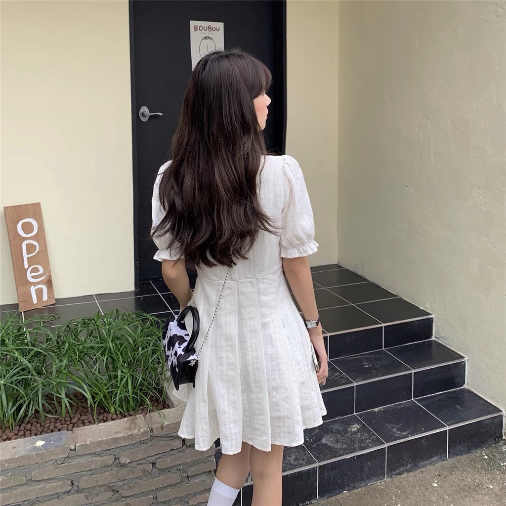 Váy trắng xếp ly 2 lớp nhẹ nhàng thanh lịch có dây rút eo xinh xắn y ảnht