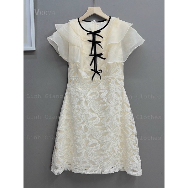 Đầm ren thiết kế nơ ngực hai lớp siêu xinh, Váy dự tiệc ren cao cấp