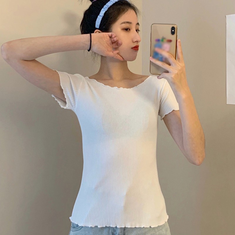 Áo Croptop Dệt Kim Tay Ngắn Phối Bèo Thiết Kế Hợp Thời Trang