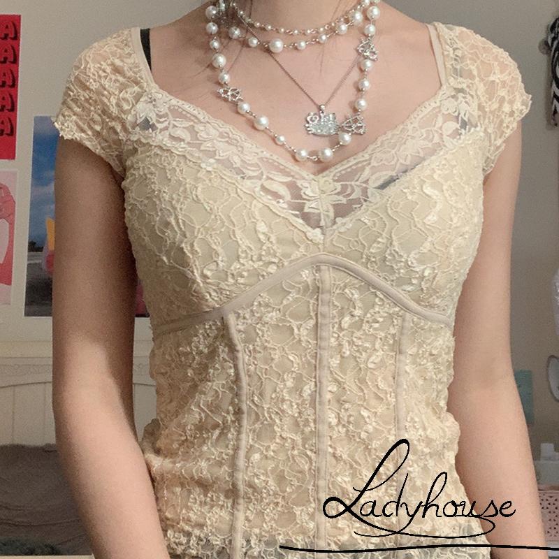 Áo thun tay ngắn cổ chữ V phối ren thời trang xuân hè cho nữ