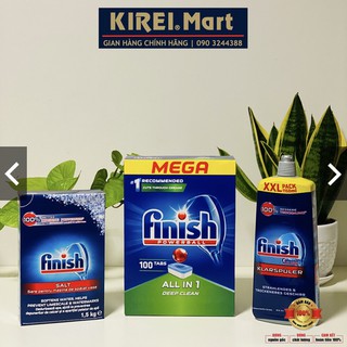 Combo - Viên rửa bát Finish All in 1 100 viên + Muối 1.5kg + Nước Bóng 1150ml ( NK Đức )