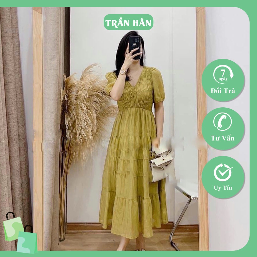Váy nữ chất đũi chun ngực tay bồng dáng babydoll thời trangI Trần Hân Shop 3007439