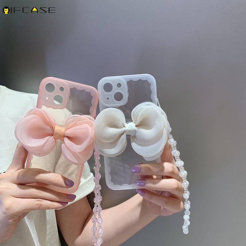 Ốp Điện Thoại TPU Mềm Màu Kẹo Trong Suốt Gắn Nơ Có Dây Đeo Cho iPhone 13 12 12 11 Pro Max XS Max XR X
