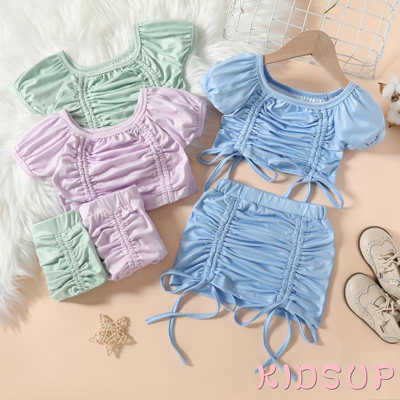 Set Áo Croptop + Chân Váy Lưng Thun Xếp Ly Màu Sắc Dễ Thương Cho Bé Gái