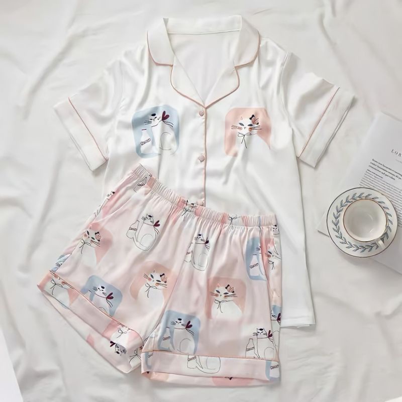 LỤA XƯỚC Sét bộ lụa ngủ mèo kute tay cộc quần cộc lụa satin mềm mướt