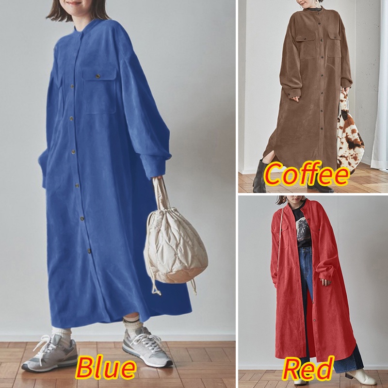 Đầm maxi ZANZEA tay dài cổ bẻ dáng rộng màu trơn cài nút thời trang Hàn Quốc cho nữ