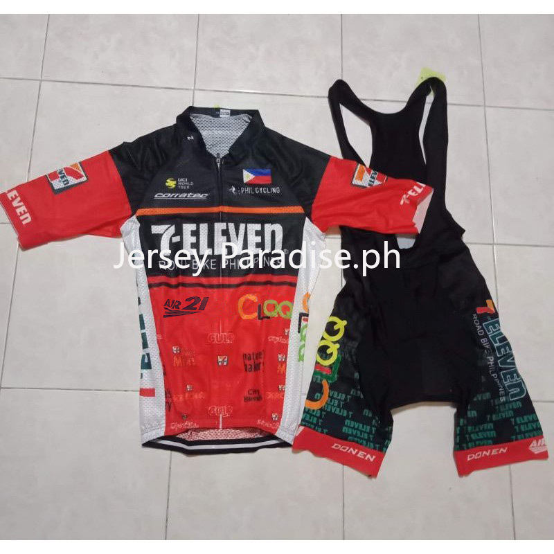 2021 NEW 711 Bicycle Jersey Powerband Cycling Jersey Bibset Philippines PILIPINAS Seven Eleven 7/11 Short Sleeve Team Racing Cycling Jersey Top and Pants-Pineapple Fabric