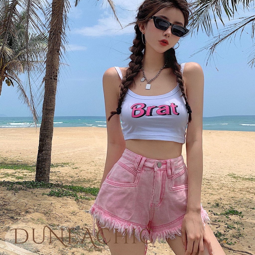 DUNEA Quần Short Denim Lưng Cao Ống Rộng Kiểu Dáng Quyến Rũ Cho Nữ