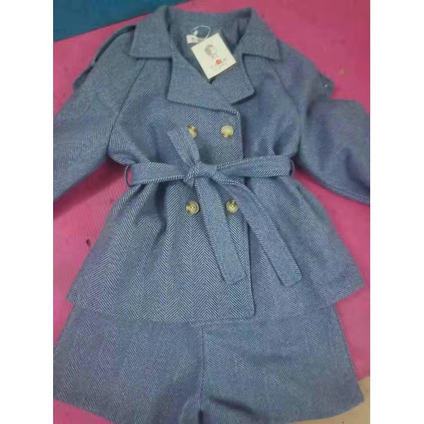 Set áo khoác + quần short vải dạ xanh ulzzang