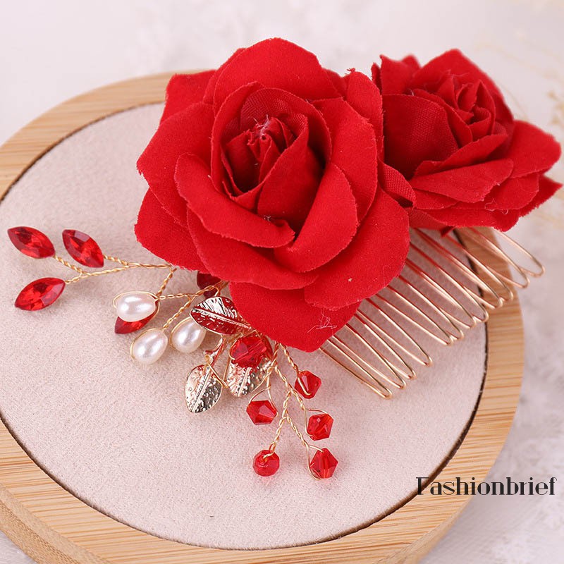 Lược cài tóc hình hoa hồng đính ngọc trai thanh lịch cho cô dâu