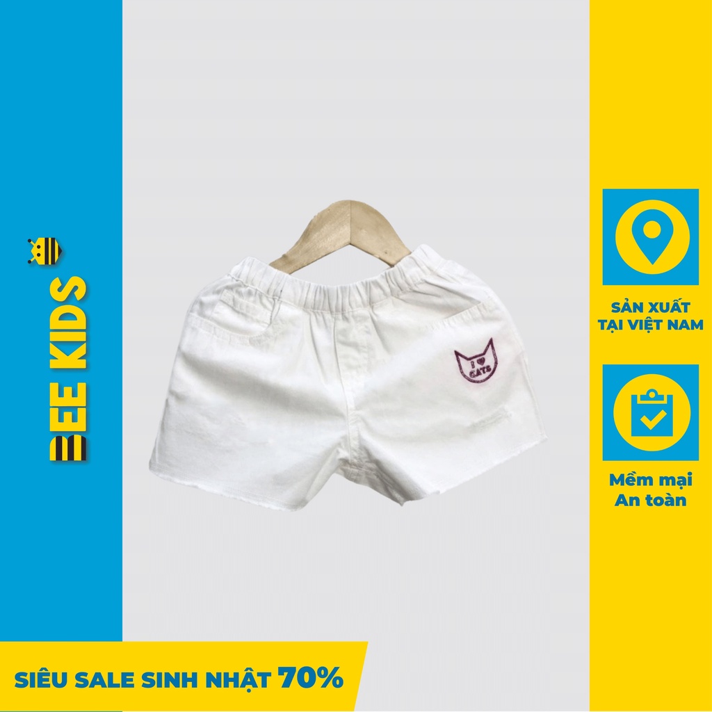 Quần Short Bé Gái Bee Kids Mài Rách Kaki Cạp Chun Thêu Hình Mèo Đáng Yêu Cho Bé (2-12 Tuổi) 7QK01613SX