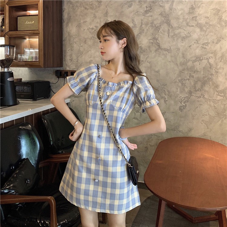 Đầm Tay Ngắn Họa Tiết Sọc Caro Phong Cách Retro Pháp | BigBuy360 - bigbuy360.vn