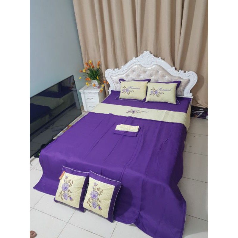Bộ chăn ga gối cưới 7 món Hàng loại 1 có hoa văn thêu
