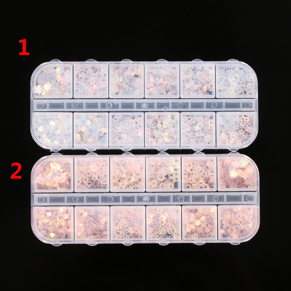 Hộp 12 ngăn hình sao trái tim trong suốt lấp lánh trang trí móng tay chứa sequin