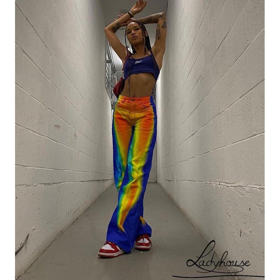 Quần ống rộng Lưng Cao Nhuộm Màu Thời Trang Đường Phố Cho Nữ