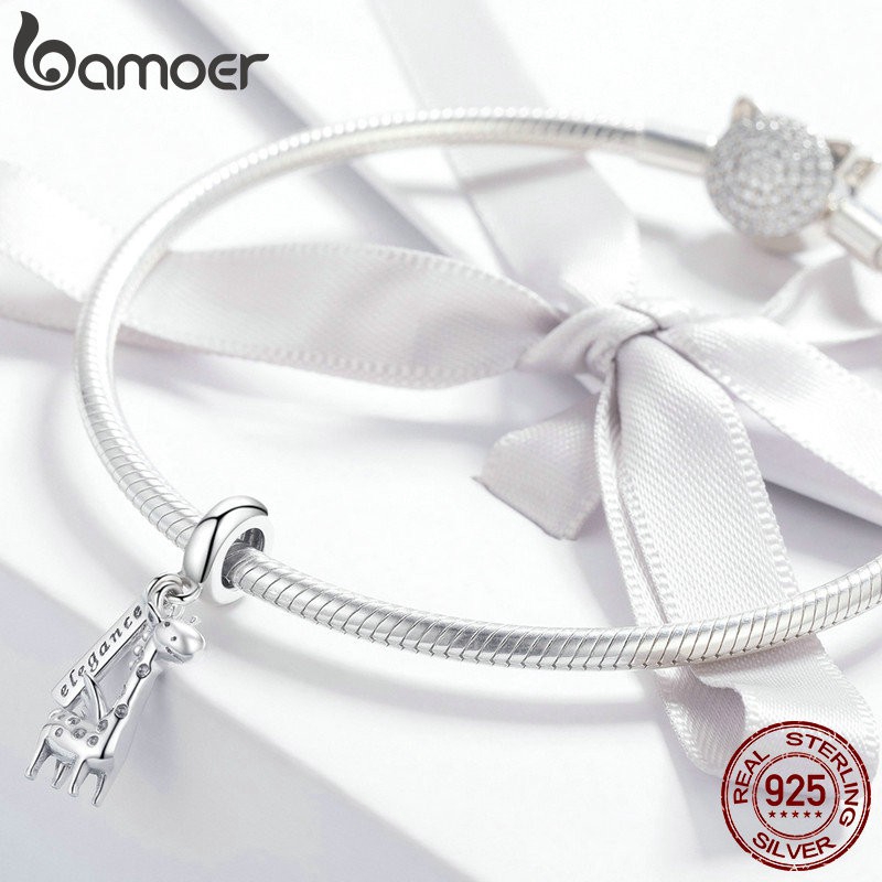 Hạt charm Bamoer xi bạc 925 hình hươu cao cổ dễ thương