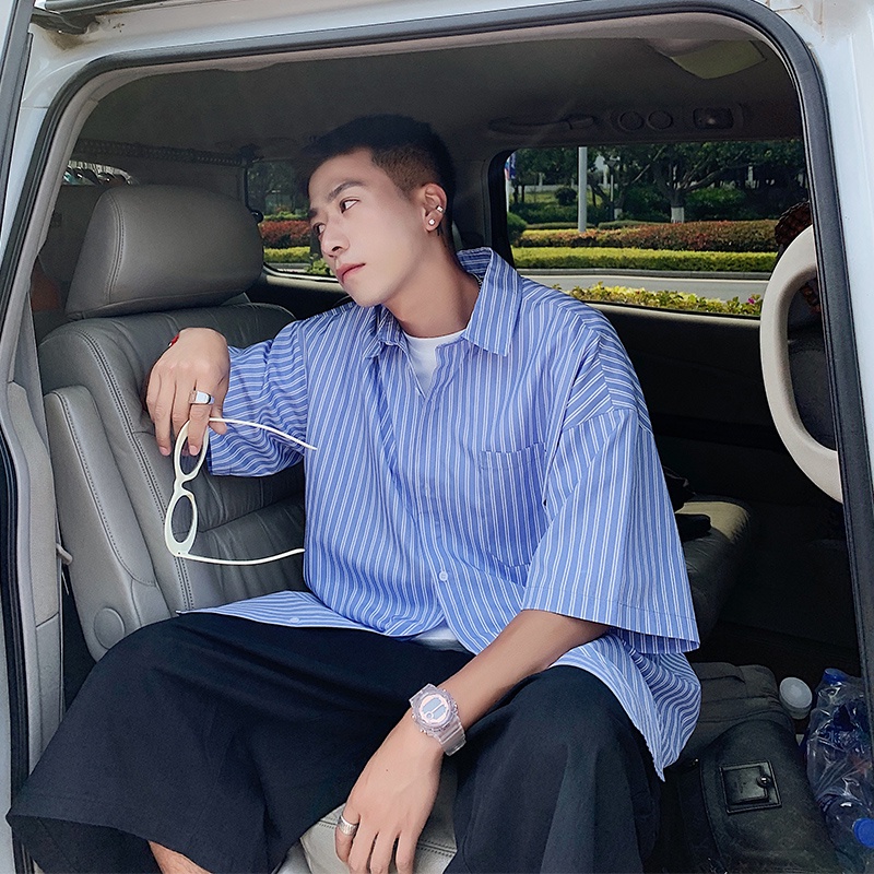 Áo Sơ Mi Tay Ngắn Họa Tiết Sọc Thời Trang Phong Cách Hàn Cho Nam