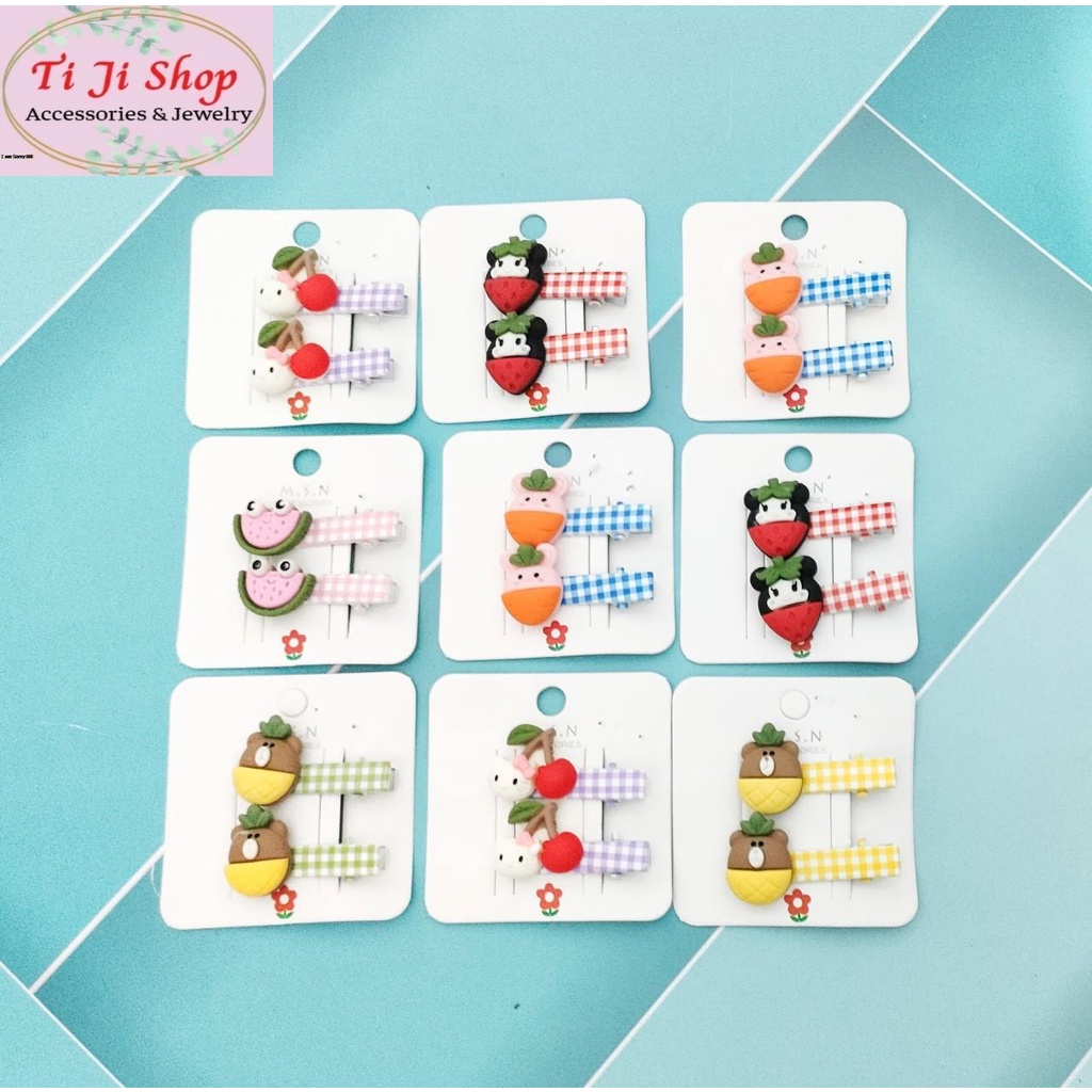 Set 2 Kẹp tóc nền caro hình tría cây động vật dễ thương nhiều màu