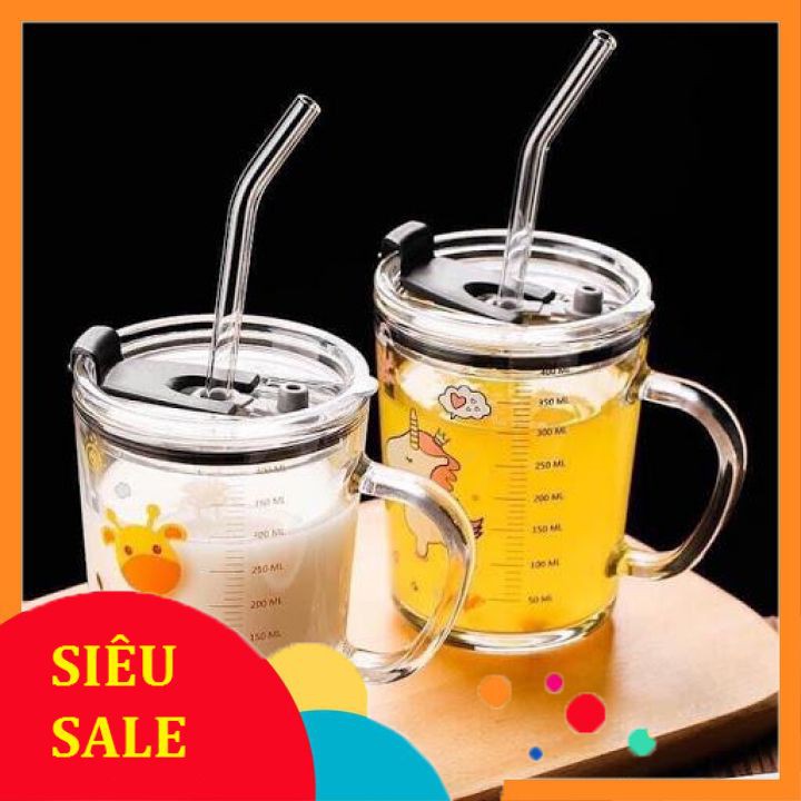 Ly thủy tinh chia vạch pha sữa cho bé, Ly thủy tinh chia vạch ml kèm ống hút và nắp chống tràn, Cốc Thuỷ Tinh