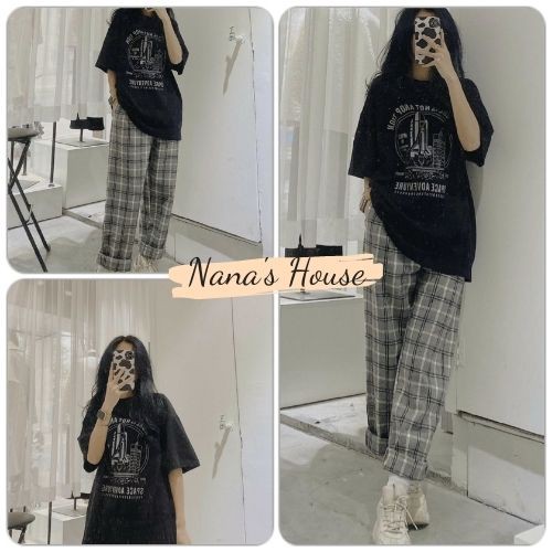 Bộ Áo Phông Space + Quần Cul Kẻ Caro 🎁 Nana's House - FREESHIP 🎁 Set quần culottes nữ ống suông và áo thun Ulzzang nữ