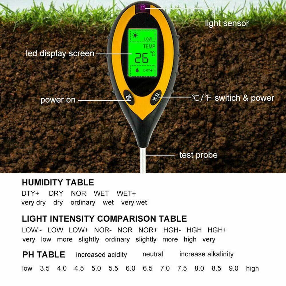 Máy Đo Độ Ẩm / Nhiệt Độ Đất 4 Trong 1 Có Màn Hình LCD Chuyên Dụng Cho Sân Vườn
