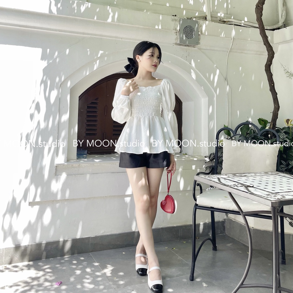 Áo nữ tiểu thư chun tay bồng tiểu thư trễ vai chất voan xốp vân nổi nhún bèo thời trang thiết kế BY MOON ảnh thật A015