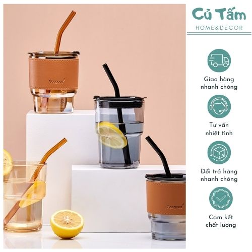 Ly thủy tinh, cốc thủy tinh đai da kèm ống hút và nắp đậy kín phong cách Bắc Âu size to