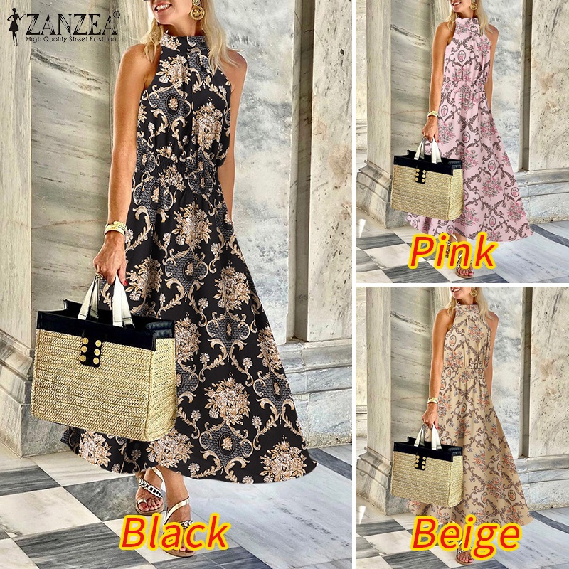 Đầm ZANZEA dáng dài sát nách cổ đứng in họa tiết phong cách Châu Âu thời trang dành cho nữ