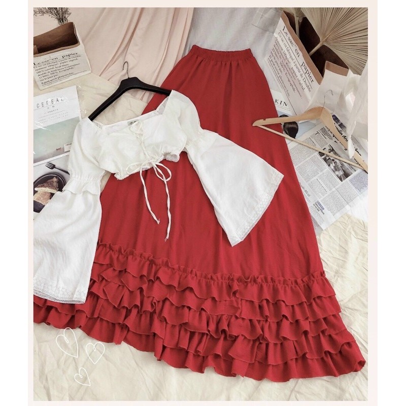 Set maxi tầng áo bẹt vai nhẹ nhàng Hakieu MSP043