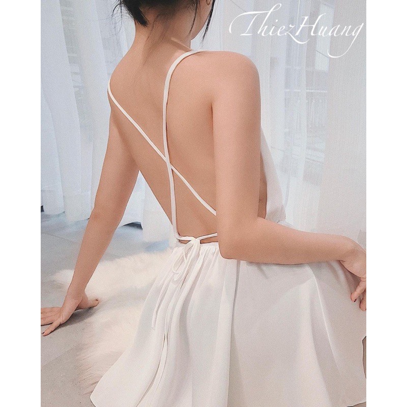 Váy ngủ nữ, váy 2 dây cổ đổ hở lưng chất lụa satin, có kèm quần ngắn bên trong, phom váy đẹp, gợi cảm cho phái nữ | BigBuy360 - bigbuy360.vn