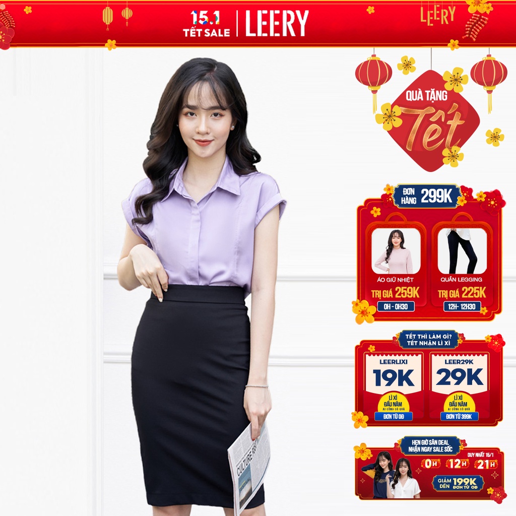 Áo sơ mi công sở nữ đẹp ngắn tay kiểu Hàn Quốc form rộng chất lụa cao cấp màu Đen Tím Oliu LEERY SM-09
