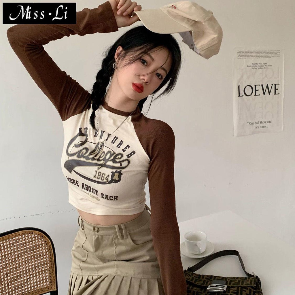 Áo Thun Dài Tay Ôm Dáng In Chữ Phong Cách Retro Mỹ Cho Nữ