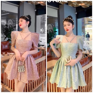 Đầm xoè cổ chéo tay phồng chất gấm xốp hoạ tiết hoa hồng siêu xinh