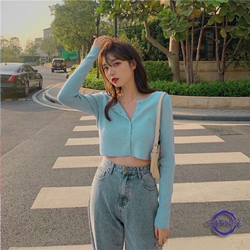 Áo croptop nữ tay dài cúc đóng nút to Michi, áo thun nữ tay dài