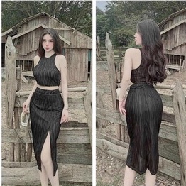 Sét bộ xốp áo 3 lỗ croptop phối chân váy dài body xẻ tà cực xinh , chất thun xốp mềm mát ly