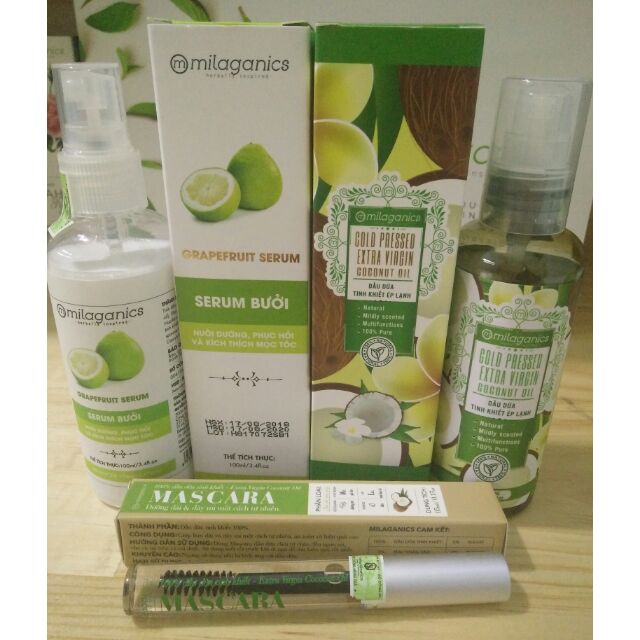 Combo Milaganics: Serum Bưởi 100ml và Dầu Dừa 100ml và Mascara dầu dừa 5ml