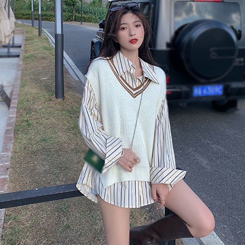 Áo Dệt Kim Không Tay Dáng Rộng Cổ Chữ V Màu Sắc Tương Phản Phong Cách Retro