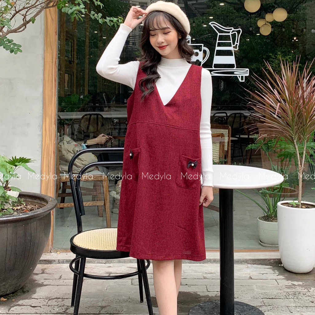Yếm bầu công sở thu đông dạ Tweed thiết kế túi thật - Set yếm bầu kèm áo len co dãn - VY003