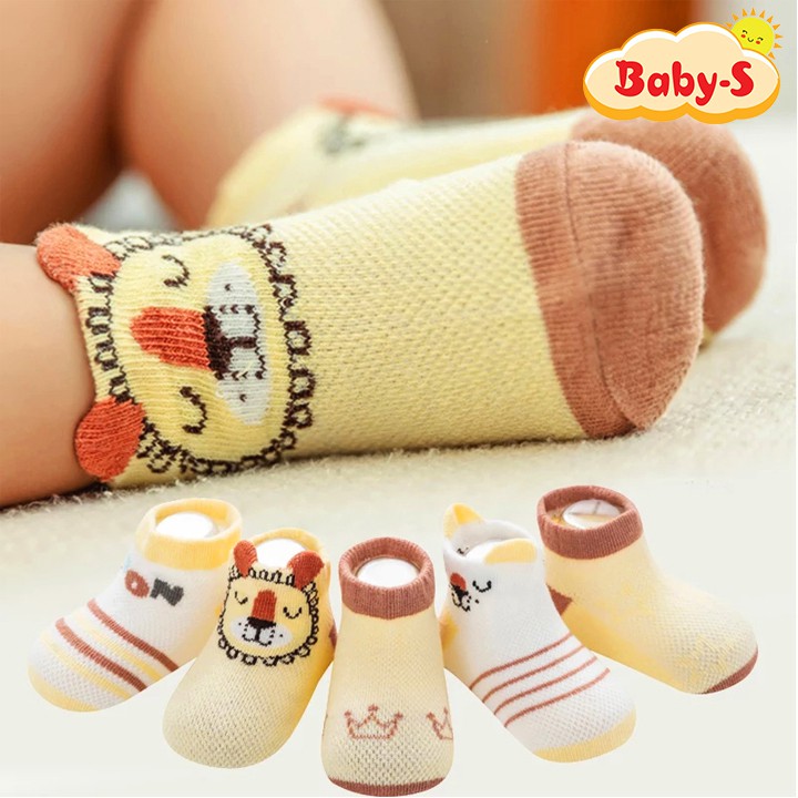 Set 5 đôi tất lưới cotton cổ thấp cho bé 0-2 tuổi chống trơn trượt thấm hút mồ hôi hình thú lạ mắt Baby-S – ST013