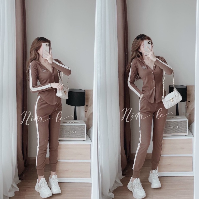 Sét bộ thời trang nữ mặc đi chơi chất thun gân tay dài có nón phối viền tay mix quần dài bo chân